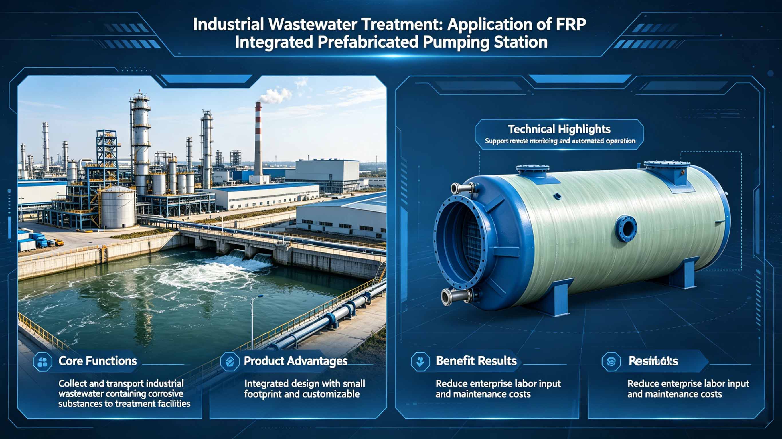 محطة الضخ الجاهزة المتكاملة من الألياف الزجاجية GFRP FRP لحقل الصرف البلدي FT-PPS3